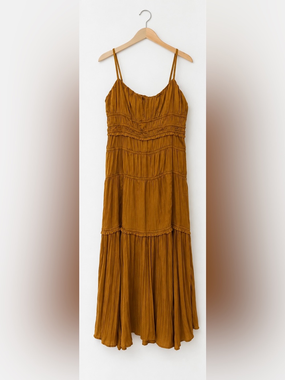 Anthropologie Ruched Tiered Satin Slip Midi Dress Gold/Bronze - Size 6